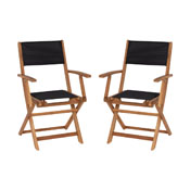 Martindale Indoor/Outdoor Folding Acacia Wood Patio Bistro Chairs with Natural X Base Frame with Arms and Black Textilene Back and Seat, Set of 2, THB-AC4854-NAT-GG