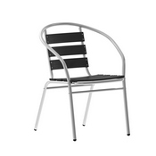 Lila Commercial Metal Indoor-Outdoor Restaurant Stack Chair with Triple Slat Black Faux Teak Back, TLH-017W-BK-GG