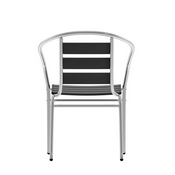 Lila Commercial Metal Indoor-Outdoor Restaurant Stack Chair with Triple Slat Black Faux Teak Back, TLH-017W-BK-GG