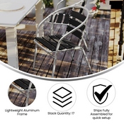 Lila Commercial Metal Indoor-Outdoor Restaurant Stack Chair with Triple Slat Black Faux Teak Back, TLH-017W-BK-GG