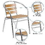 Commercial Aluminum Indoor-Outdoor Restaurant Stack Chair with Triple Slat Faux Teak Back, TLH-017W-GG