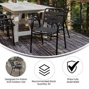 Lila Commercial Black Metal Indoor-Outdoor Restaurant Stack Chair with Metal Triple Slat Back and Arms, TLH-018C-BK-GG