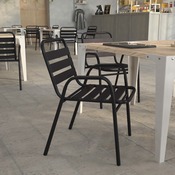 Lila Commercial Black Metal Indoor-Outdoor Restaurant Stack Chair with Metal Triple Slat Back and Arms, TLH-018C-BK-GG