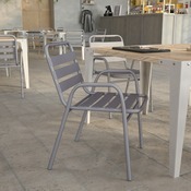 Lila Commercial Silver Metal Indoor-Outdoor Restaurant Stack Chair with Metal Triple Slat Back and Arms, TLH-018C-GG