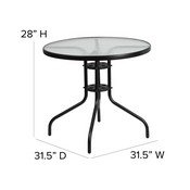 Brazos 5 Piece Outdoor Patio Dining Set - 31.5" Round Tempered Glass Patio Table, 4 Black Flex Comfort Stack Chairs, TLH-0702303C-GG