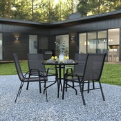 Brazos 5 Piece Outdoor Patio Dining Set - 31.5" Round Tempered Glass Patio Table, 4 Black Flex Comfort Stack Chairs, TLH-0702303C-GG
