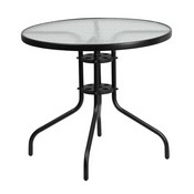 Brazos 5 Piece Outdoor Patio Dining Set - 31.5" Round Tempered Glass Patio Table, 4 Black Flex Comfort Stack Chairs, TLH-0702303C-GG
