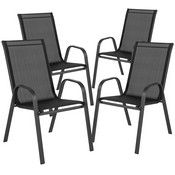 Brazos 5 Piece Outdoor Patio Dining Set - 31.5" Round Tempered Glass Patio Table, 4 Black Flex Comfort Stack Chairs, TLH-0702303C-GG