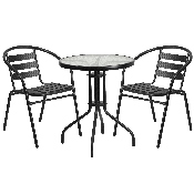 23.75'' Round Glass Metal Table with 2 Black Metal Aluminum Slat Stack Chairs, TLH-071RD-017CBK2-GG