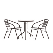 Lila 23.75'' Round Glass Top Metal Table with 2 Bronze Aluminum Slat Stack Chairs, TLH-071RD-017CBZ2-GG