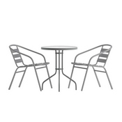 Lila 23.75'' Round Glass Top Metal Table with 2 Silver Aluminum Slat Stack Chairs, TLH-071RD-017CSV2-GG