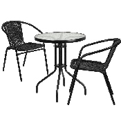 23.75'' Round Glass Metal Table with 2 Black Rattan Stack Chairs, TLH-071RD-037BK2-GG