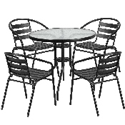 31.5'' Round Glass Metal Table with 4 Black Metal Aluminum Slat Stack Chairs, TLH-072RD-017CBK4-GG