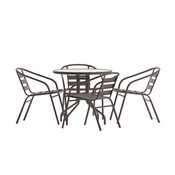 Lila 31.5'' Round Glass Top Metal Table with 4 Bronze Aluminum Slat Stack Chairs, TLH-072RD-017CBZ4-GG