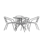 Lila 31.5'' Round Glass Top Metal Table with 4 Silver Aluminum Slat Stack Chairs, TLH-072RD-017CSV4-GG