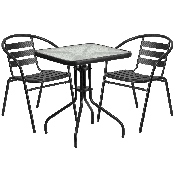 23.5'' Square Glass Metal Table with 2 Black Metal Aluminum Slat Stack Chairs, TLH-0731SQ-017CBK2-GG