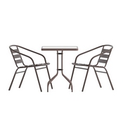 Lila 23.5'' Square Glass Top Metal Table with 2 Bronze Aluminum Slat Stack Chairs, TLH-0731SQ-017CBZ2-GG