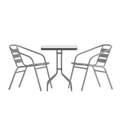 Lila 23.5'' Square Glass Top Metal Table with 2 Silver Aluminum Slat Stack Chairs, TLH-0731SQ-017CSV2-GG