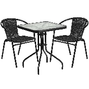 23.5'' Square Glass Metal Table with 2 Black Rattan Stack Chairs, TLH-0731SQ-037BK2-GG