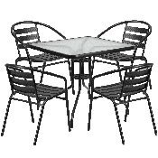 31.5'' Square Glass Metal Table with 4 Black Metal Aluminum Slat Stack Chairs, TLH-0732SQ-017CBK4-GG