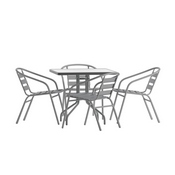 Lila 31.5'' Square Glass Top Metal Table with 4 Silver Aluminum Slat Stack Chairs, TLH-0732SQ-017CSV4-GG