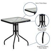 Brazos 3 Piece Outdoor Patio Dining Set - 23.5" Square Tempered Glass Patio Table, 2 Black Flex Comfort Stack Chairs, TLH-073A1303C-GG
