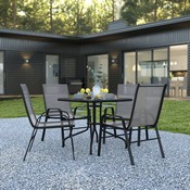Brazos 5 Piece Outdoor Patio Dining Set - 31.5" Square Tempered Glass Patio Table, 4 Gray Flex Comfort Stack Chairs, TLH-073A2303C-GY-GG
