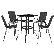 Outdoor Dining Set - 4-Person Bistro Set - Outdoor Glass Bar Table with Black All-Weather Patio Stools, TLH-073H092H4-B-GG