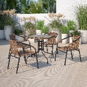 28'' Square Tempered Glass Metal Table with Dark Brown Rattan Edging, TLH-073R-DK-BN-GG