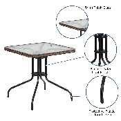 28'' Square Tempered Glass Metal Table with Dark Brown Rattan Edging, TLH-073R-DK-BN-GG