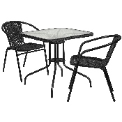 28'' Square Glass Metal Table with Black Rattan Edging and 2 Black Rattan Stack Chairs, TLH-073SQ-037BK2-GG