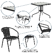 28'' Square Glass Metal Table with Black Rattan Edging and 2 Black Rattan Stack Chairs, TLH-073SQ-037BK2-GG
