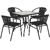 28'' Square Glass Metal Table with Black Rattan Edging and 4 Black Rattan Stack Chairs, TLH-073SQ-037BK4-GG
