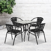 28'' Square Glass Metal Table with Black Rattan Edging and 4 Black Rattan Stack Chairs, TLH-073SQ-037BK4-GG