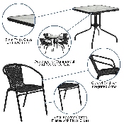 28'' Square Glass Metal Table with Black Rattan Edging and 4 Black Rattan Stack Chairs, TLH-073SQ-037BK4-GG