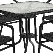 28'' Square Glass Metal Table with Black Rattan Edging and 4 Black Rattan Stack Chairs, TLH-073SQ-037BK4-GG