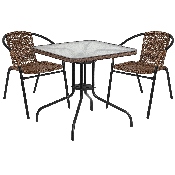 28'' Square Glass Metal Table with Dark Brown Rattan Edging and 2 Dark Brown Rattan Stack Chairs, TLH-073SQ-037BN2-GG