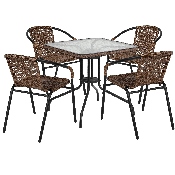 28'' Square Glass Metal Table with Dark Brown Rattan Edging and 4 Dark Brown Rattan Stack Chairs, TLH-073SQ-037BN4-GG