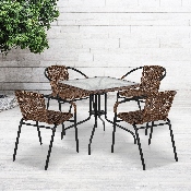 28'' Square Glass Metal Table with Dark Brown Rattan Edging and 4 Dark Brown Rattan Stack Chairs, TLH-073SQ-037BN4-GG
