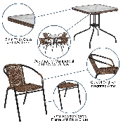 28'' Square Glass Metal Table with Dark Brown Rattan Edging and 4 Dark Brown Rattan Stack Chairs, TLH-073SQ-037BN4-GG