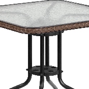 28'' Square Glass Metal Table with Dark Brown Rattan Edging and 4 Dark Brown Rattan Stack Chairs, TLH-073SQ-037BN4-GG