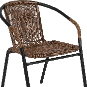 28'' Square Glass Metal Table with Dark Brown Rattan Edging and 4 Dark Brown Rattan Stack Chairs, TLH-073SQ-037BN4-GG