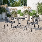 28'' Square Glass Metal Table with Gray Rattan Edging and 2 Gray Rattan Stack Chairs, TLH-073SQ-037GY2-GG