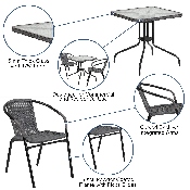 28'' Square Glass Metal Table with Gray Rattan Edging and 2 Gray Rattan Stack Chairs, TLH-073SQ-037GY2-GG