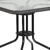 28'' Square Glass Metal Table with Gray Rattan Edging and 2 Gray Rattan Stack Chairs, TLH-073SQ-037GY2-GG
