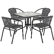 28'' Square Glass Metal Table with Gray Rattan Edging and 4 Gray Rattan Stack Chairs, TLH-073SQ-037GY4-GG