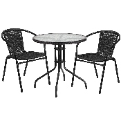 28'' Round Glass Metal Table with Black Rattan Edging and 2 Black Rattan Stack Chairs, TLH-087RD-037BK2-GG