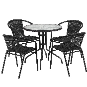 28'' Round Glass Metal Table with Black Rattan Edging and 4 Black Rattan Stack Chairs, TLH-087RD-037BK4-GG