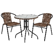 28'' Round Glass Metal Table with Dark Brown Rattan Edging and 2 Dark Brown Rattan Stack Chairs, TLH-087RD-037BN2-GG