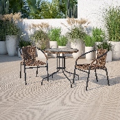 28'' Round Glass Metal Table with Dark Brown Rattan Edging and 2 Dark Brown Rattan Stack Chairs, TLH-087RD-037BN2-GG